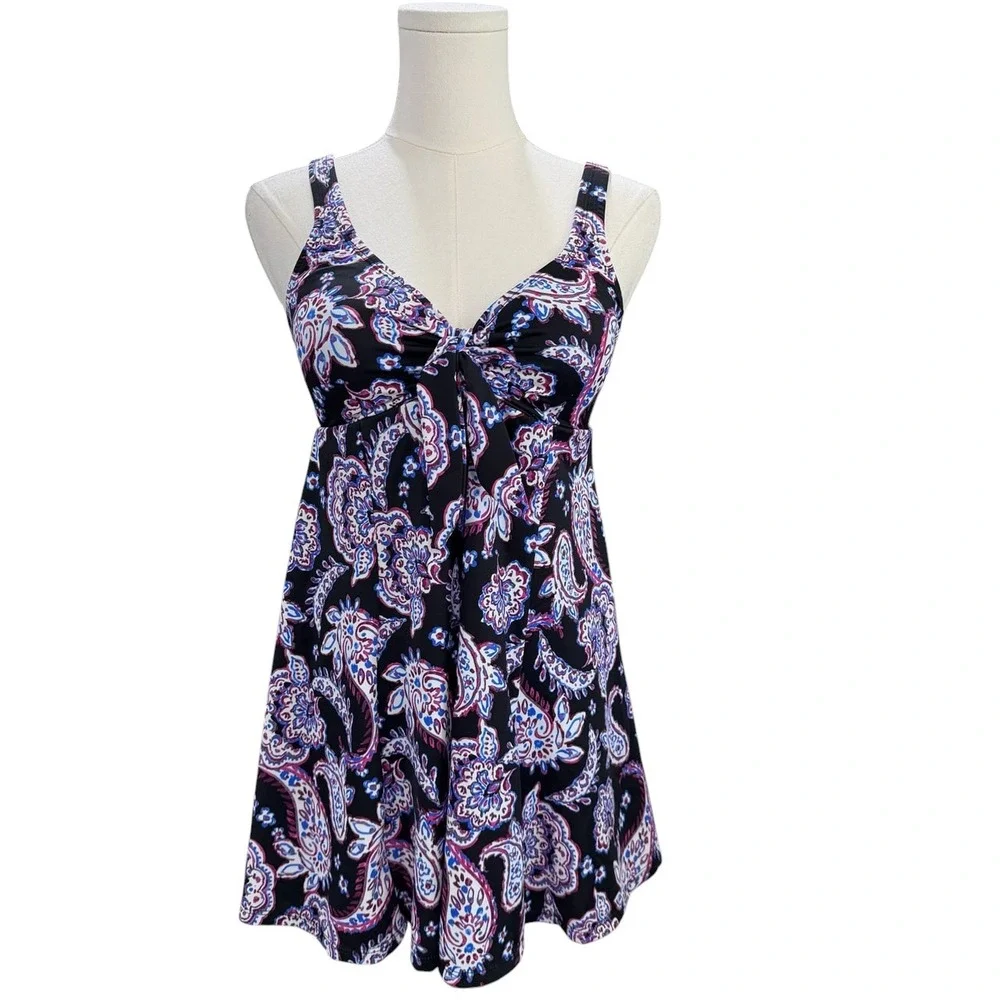 Swim Solutions Swim Dress Size 8 One Piece Paisley Tummy Control Bow Front NWT - Picture 2 of 10
